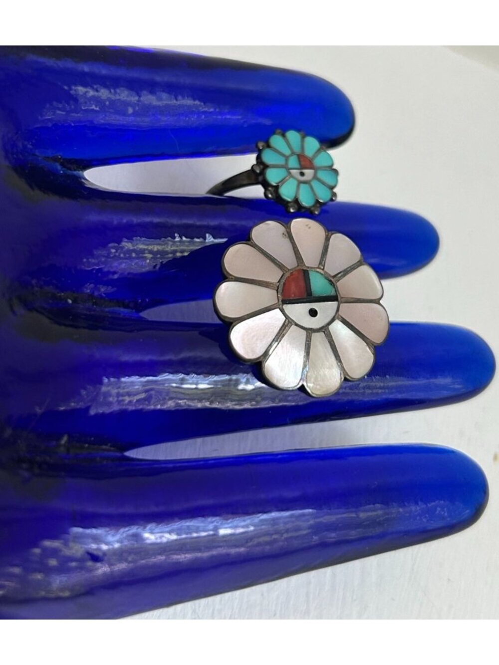 Native American Zuni Sterling Silver Sunface Ring & Pin Inlay Set Turquoise & Mo